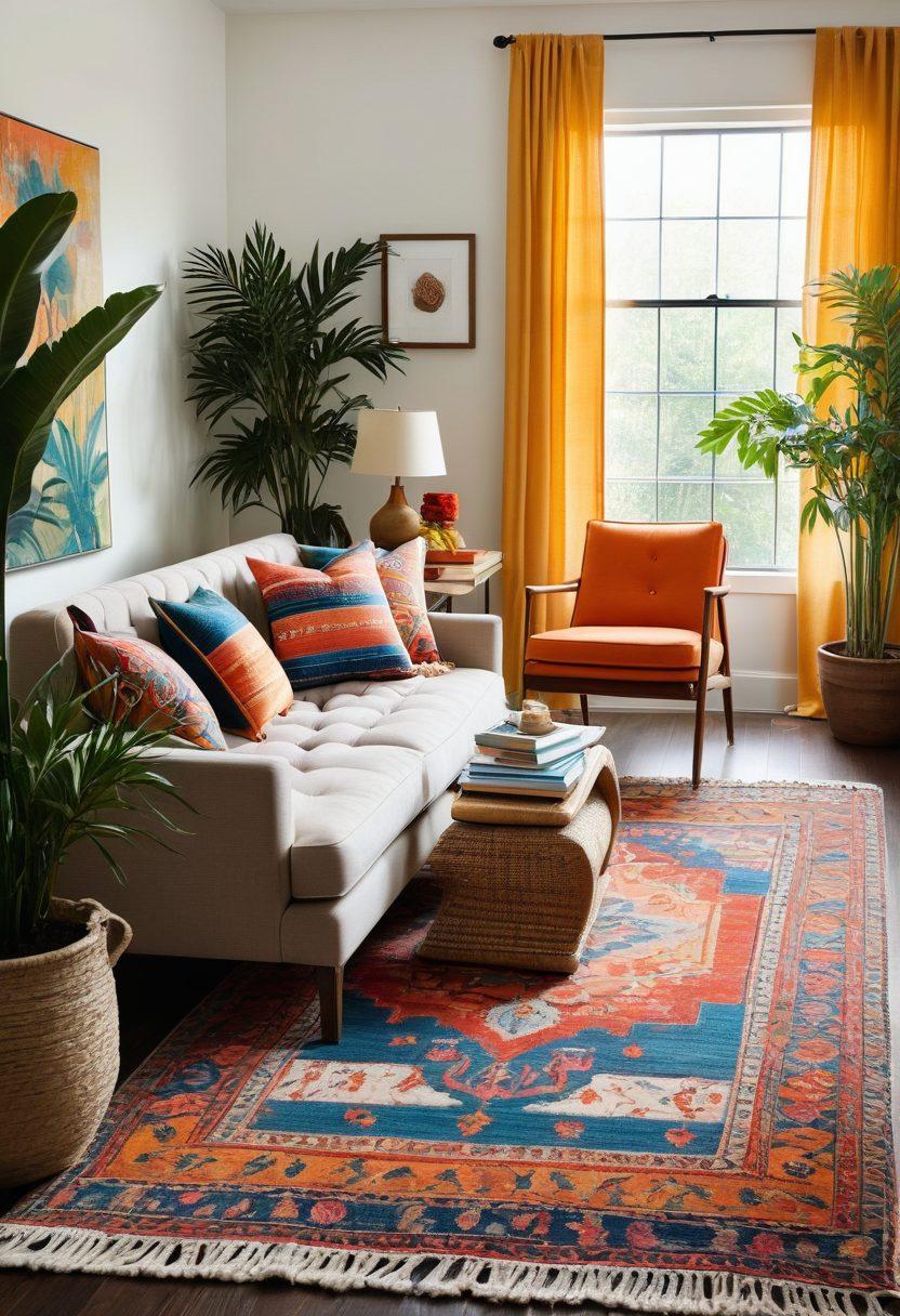 A stylish living room showcasing elegant Chiliwich textiles, including a chic area rug and decorative throw pillows, complemented by modern furniture and vibrant indoor plants. The space is bathed in natural light, creating a warm and inviting atmosphere, with a cozy reading nook in the corner. The color palette features earthy tones with pops of color from the textiles. super-realistic. vibrant colors. bright daylight.