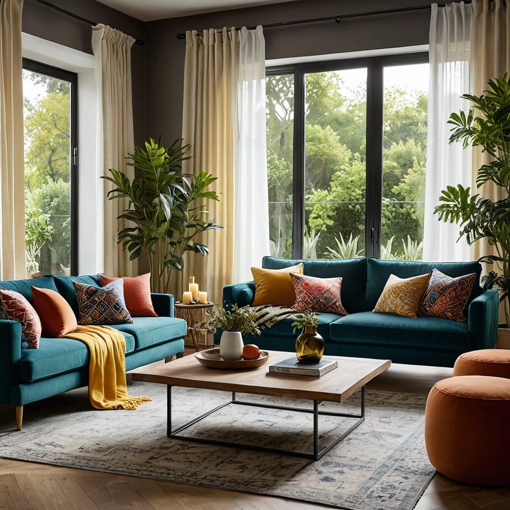 A stylish interior scene featuring an elegant living room adorned with luxurious, sustainable designer textiles. Include plush, eco-friendly cushions and curtains made from organic materials, vibrant patterns, and warm colors. Showcase a beautiful mix of modern furniture and greenery to emphasize sustainability, with soft natural light streaming through the windows. Add decorative accents like candles and artistic vases for a chic touch. super-realistic. vibrant colors. natural lighting.