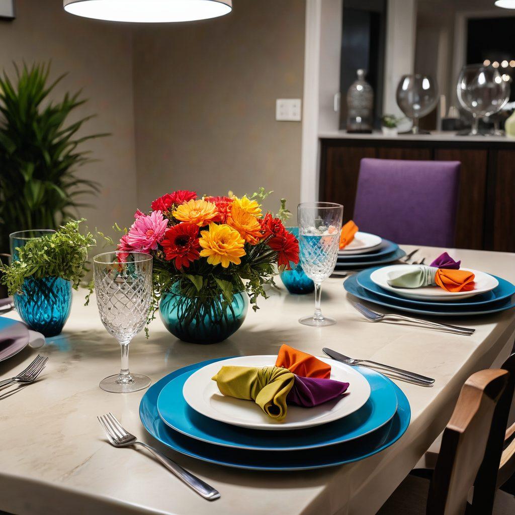 An elegant dining table set with modern tableware, featuring unique plates, colorful napkins, and artistic centerpieces, surrounded by stylish chairs in a contemporary home setting. Soft ambient lighting accentuates the decor, with subtle plants and decorative items in the background showing a tastefully designed room. super-realistic. vibrant colors. cozy atmosphere.